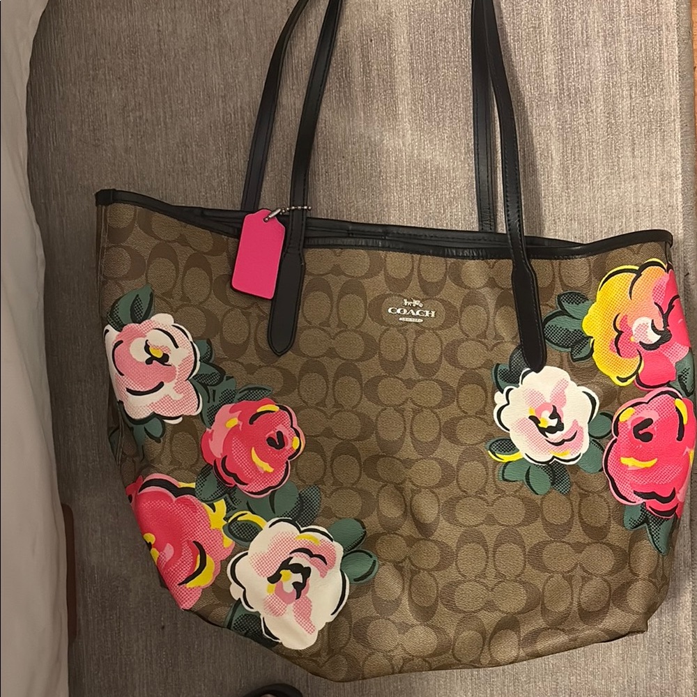 Coach Brown and Pink Floral Tote Bag